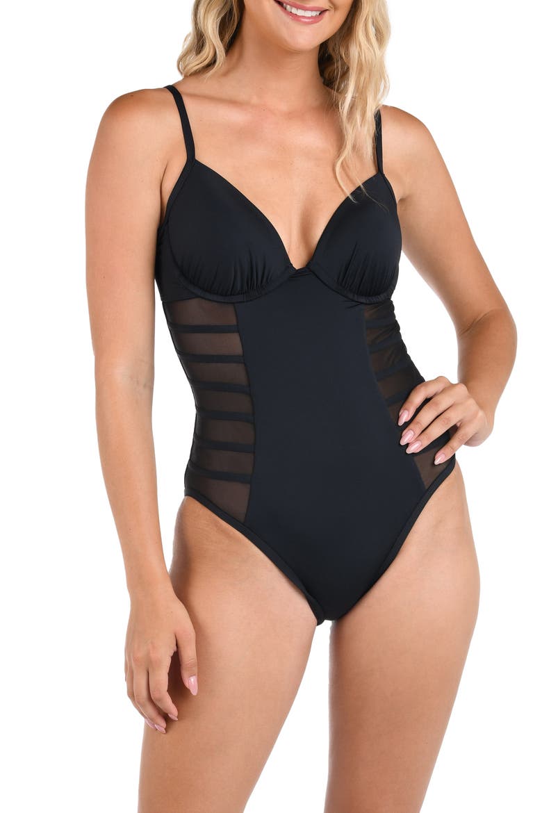 Island Mesh Stripe Mesh Underwire One-Piece Swimsuit, Main, color, BLACK
