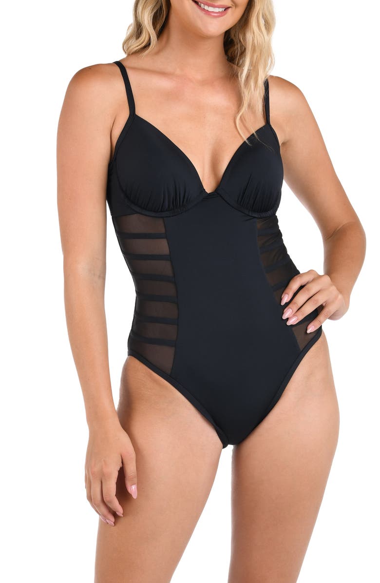 La Blanca Island Mesh Stripe Mesh Underwire One-Piece Swimsuit, Main, color, Black