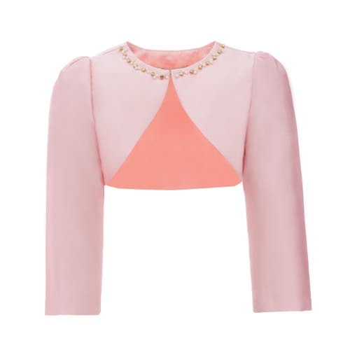 Tulleen Cropped Satin Cardigan In Peach Pink