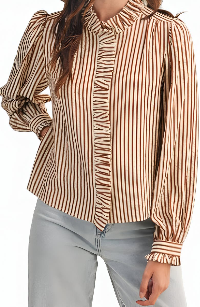 Modenaire Striped Puff Sleeve Blouse with Ruffled Trim and Covered Placket, Alternate, color, 