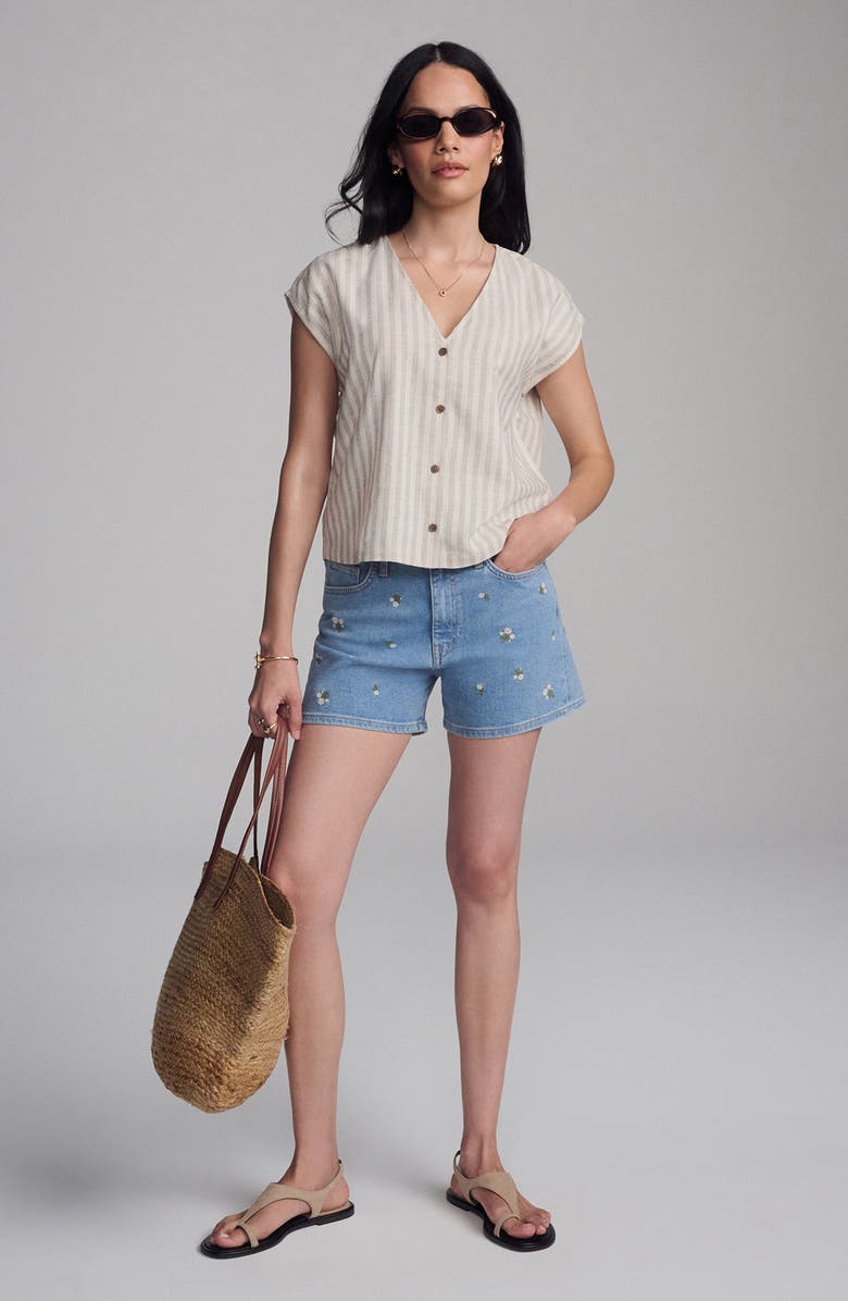 Mavi Jeans Stripe Cap Sleeve V-Neck Button-Up Shirt, Alternate, color, Ivory With Black Stripe