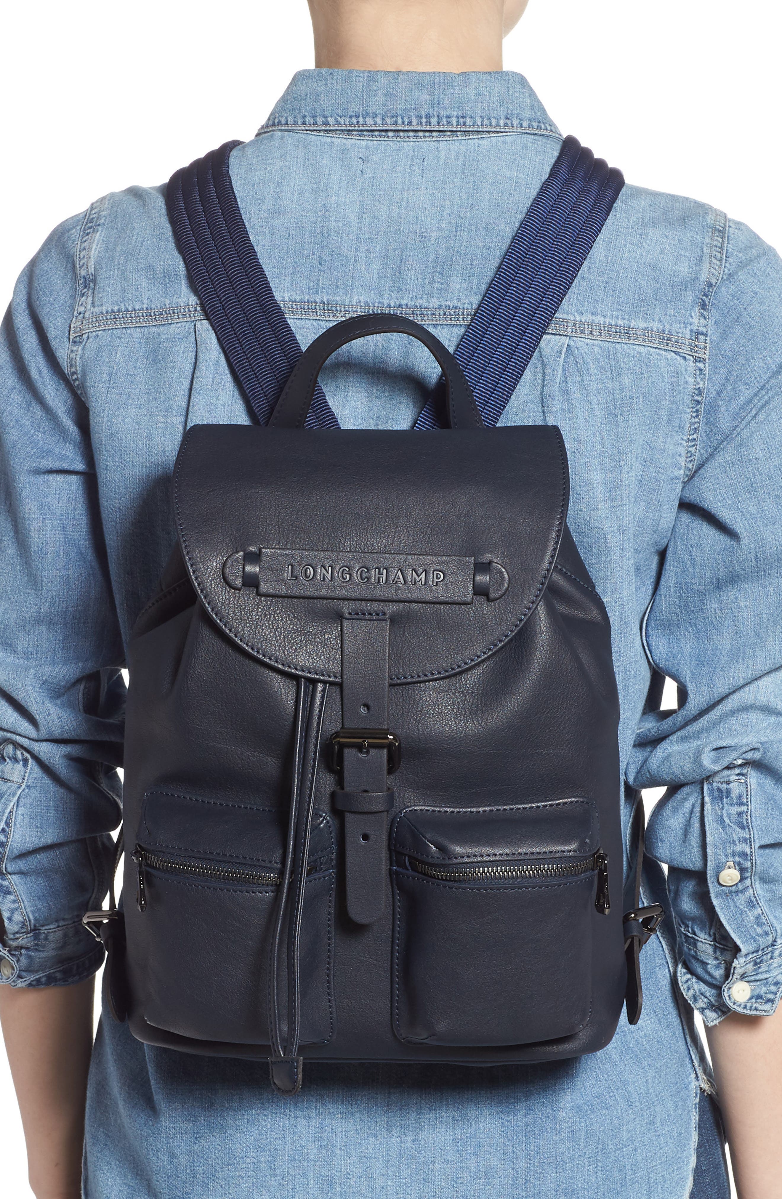 Longchamp Small 3D Leather Backpack, Alternate, color, Midnight Blue