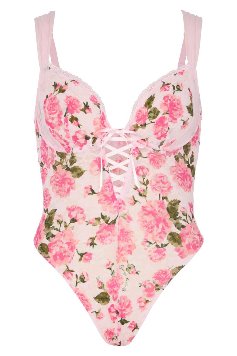 Sinful Rose Lace Teddy, Main, color, SWEET PINK ROSY PASSIONS PRINT