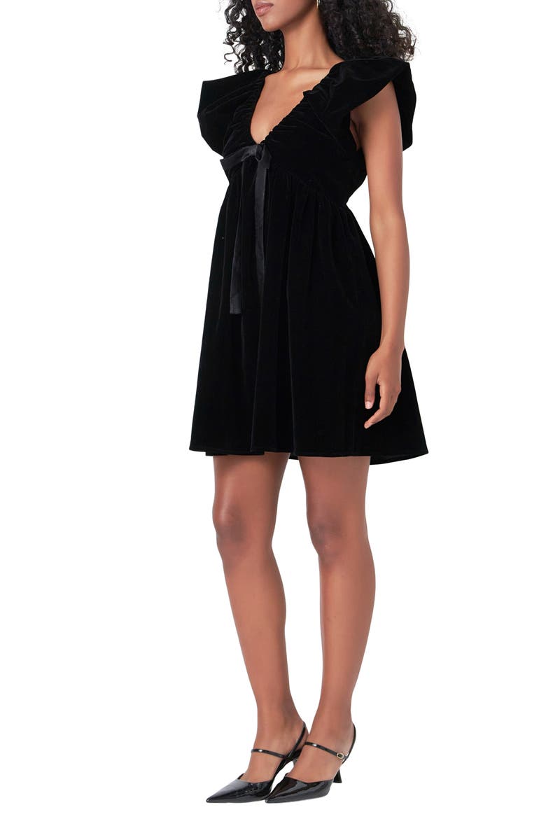Satin Bow Velvet Minidress, Alternate, color, BLACK