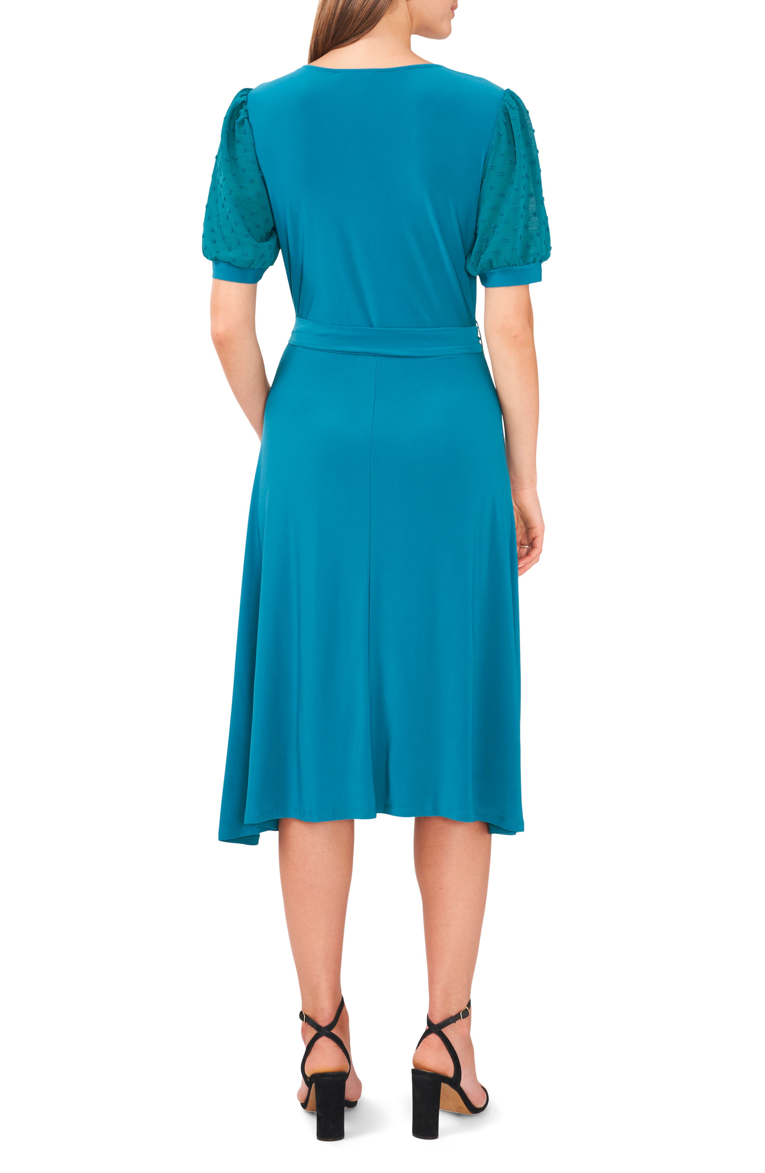Clip Dot Chiffon Sleeve Belted Dress - image 2