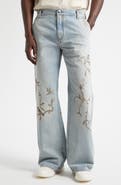 AMIRI Floral Embroidered Cotton Wide Leg Jeans