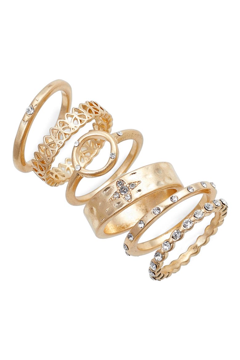 Set of 6 Texture Stackable Rings, Main, color, CLEAR- GOLD