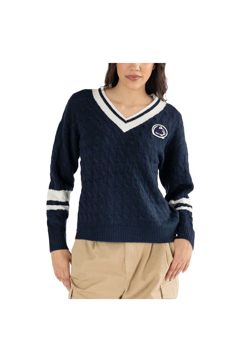 LUSSO Women's Lusso Navy Penn State Nittany Lions Stella Cable Knit V-Neck Pullover Sweater, Main, color,