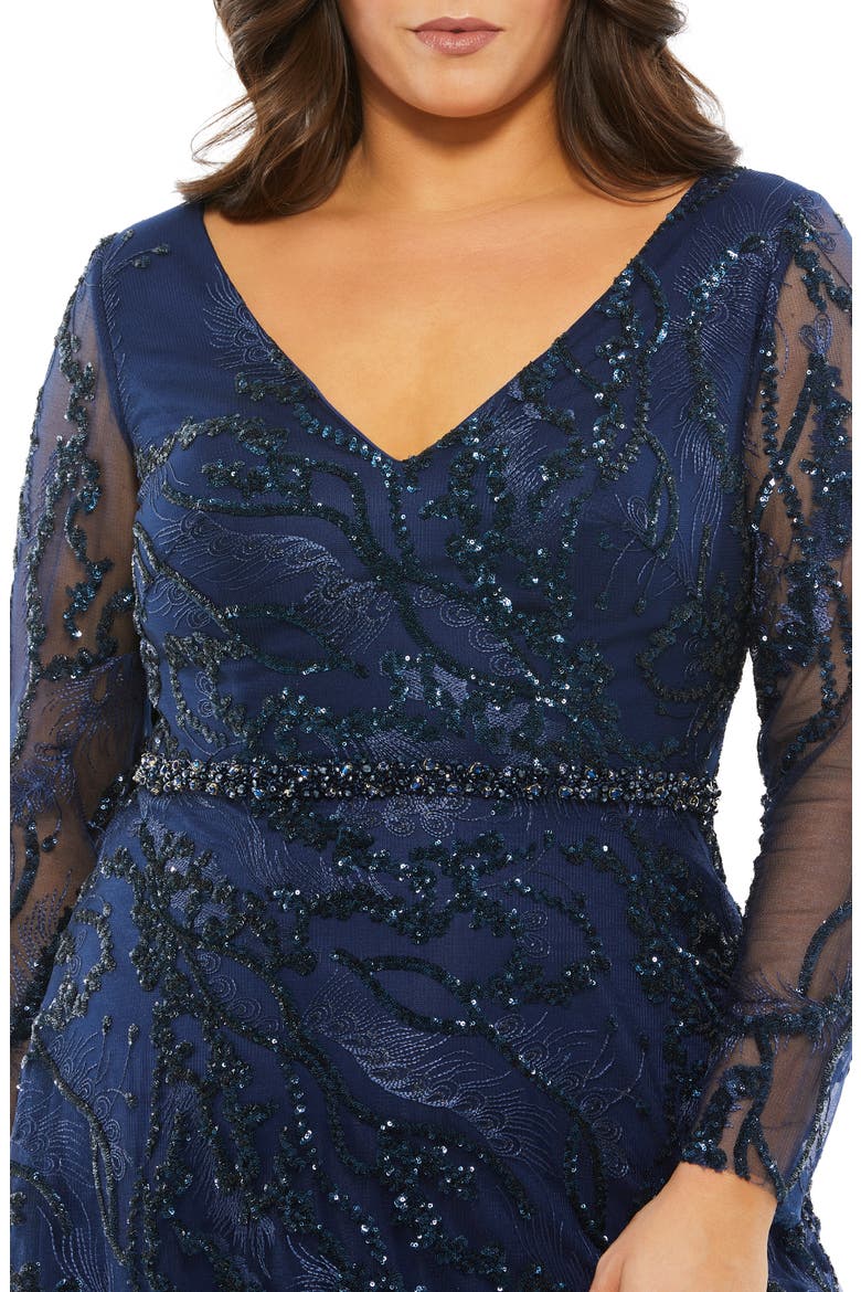Illusion Long Sleeve Gown, Alternate, color, MIDNIGHT