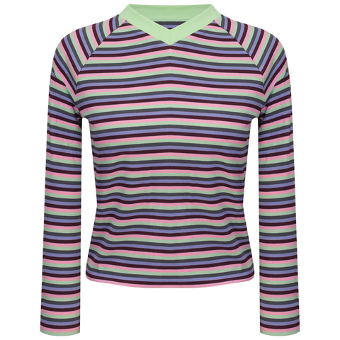 Striped Rib Knit Raglan Long Sleeve V-Neck Tee