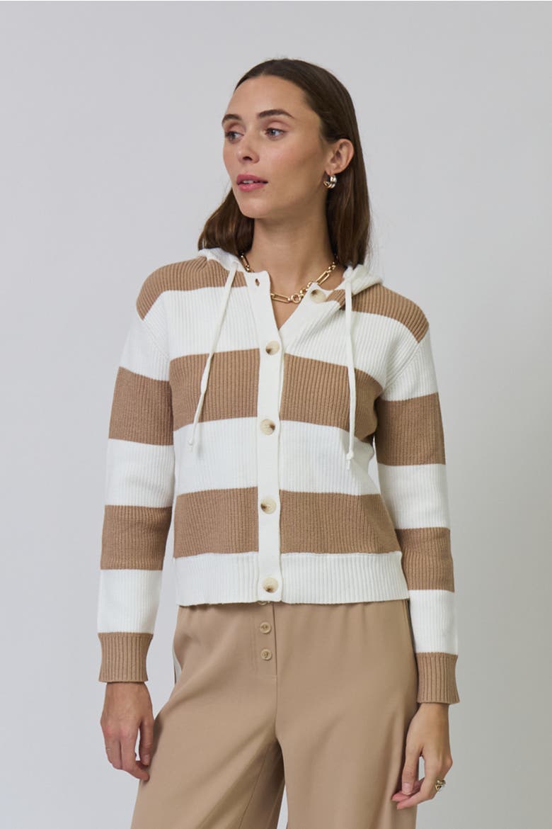 Chloe Hooded Rugby Cardigan, Main, color, Camel/Ivory