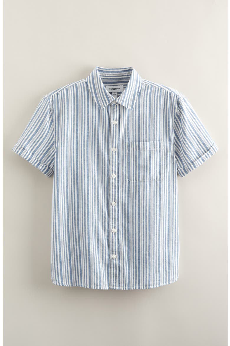 Kids' Short Sleeve Cotton & Linen Button-Up Shirt, Main, color, BLUE CORONET VOYAGE STRIPE