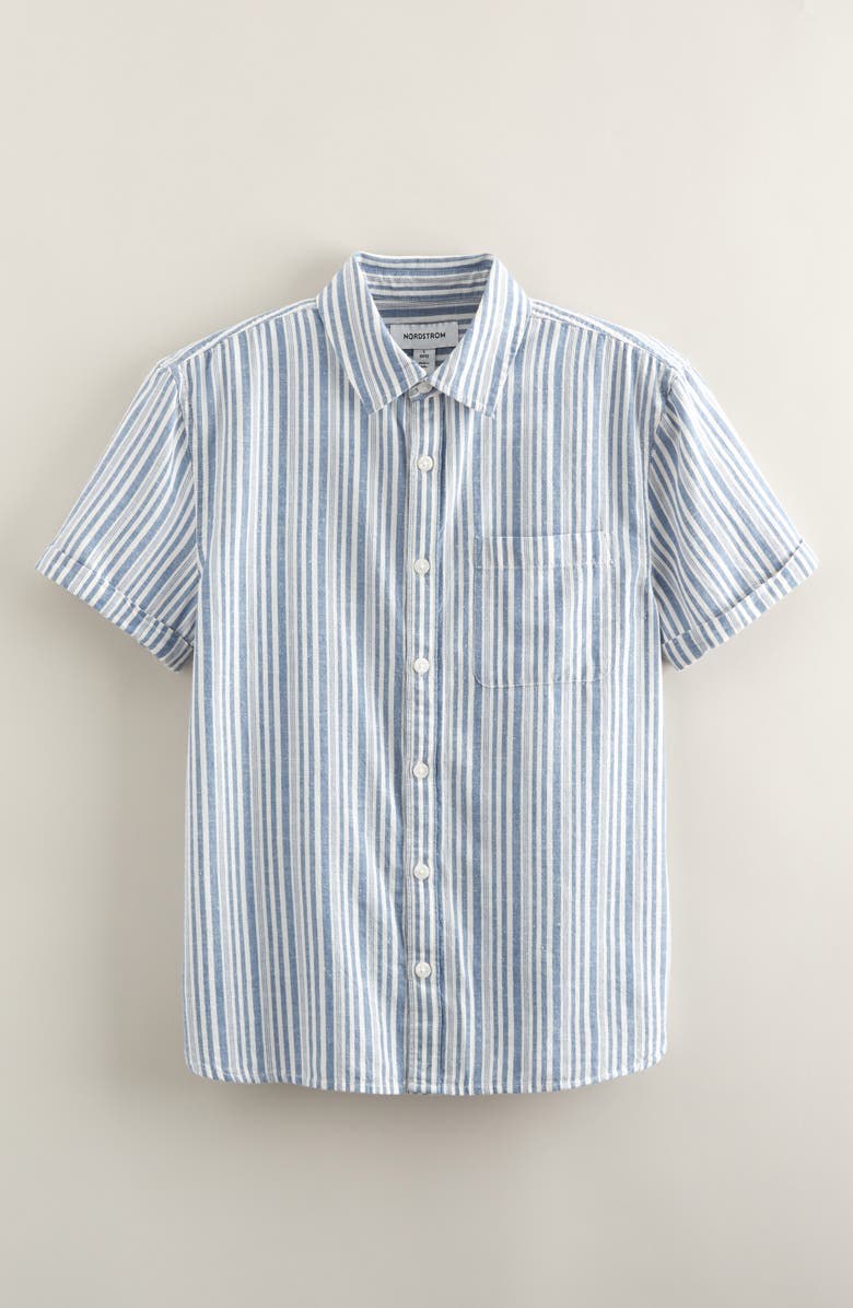 Nordstrom Kids
 Short Sleeve Cotton 
Linen Button-Up Shirt, Main, color, Blue Coronet Voyage Stripe