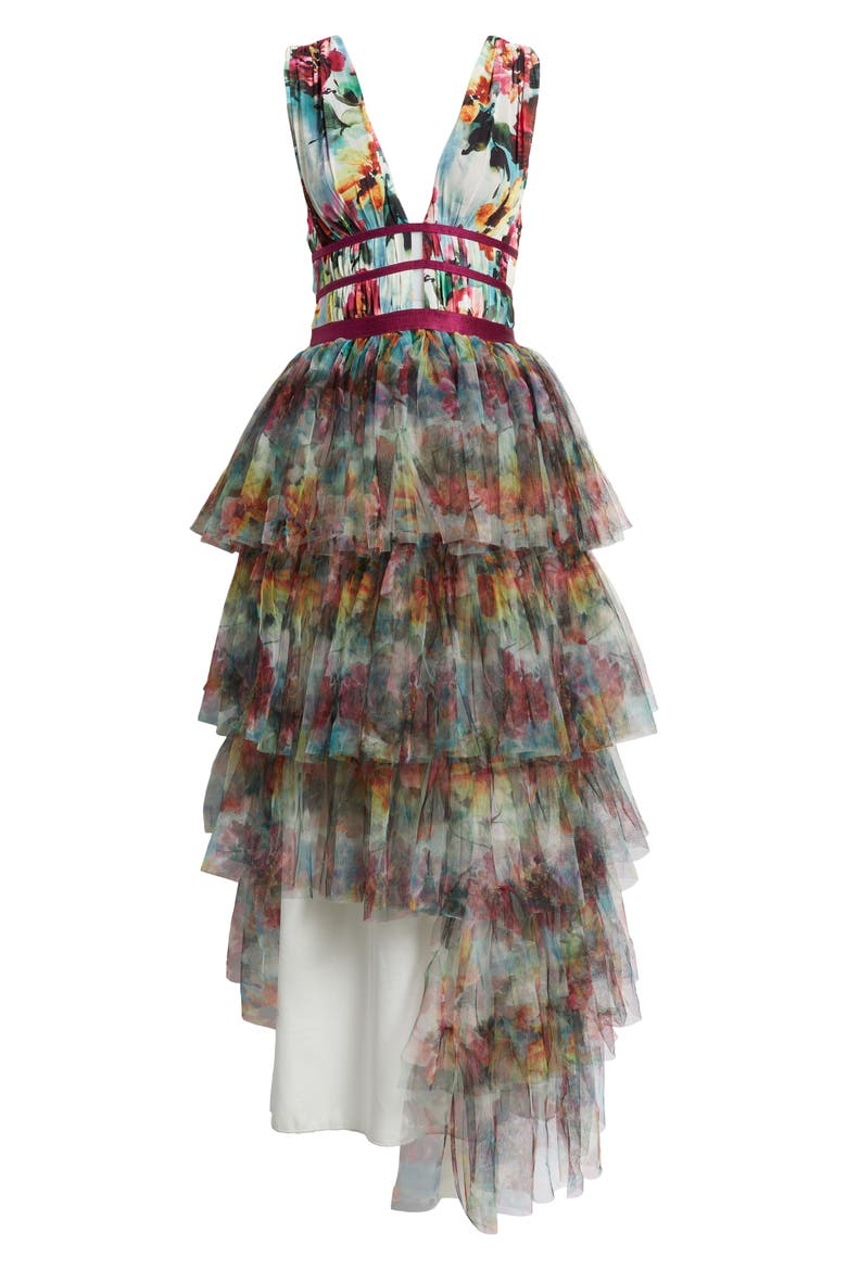 Floral Print Tiered Mesh Gown, Alternate, color, OLIVE MULTI