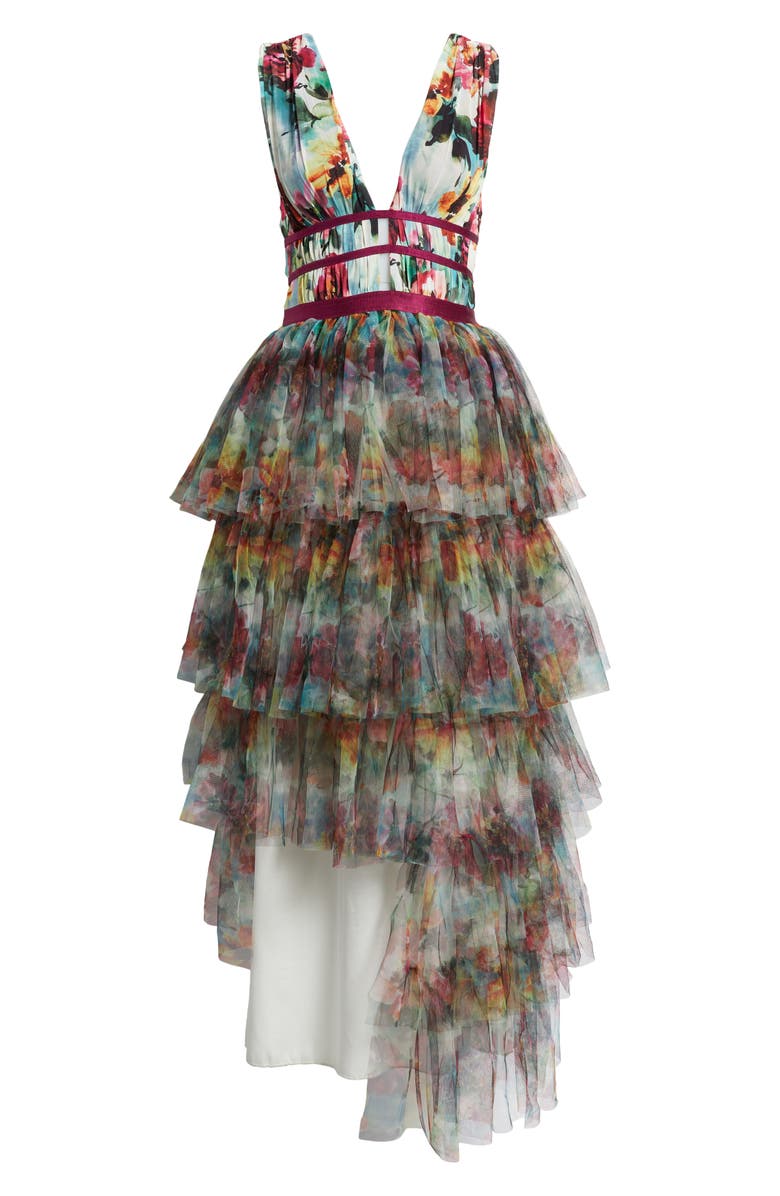 bebe Floral Print Tiered Mesh Gown, Alternate, color, Olive Multi
