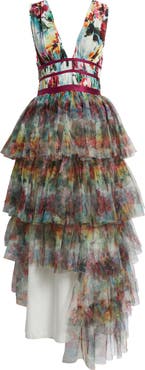 bebe Floral Print Tiered Mesh Gown