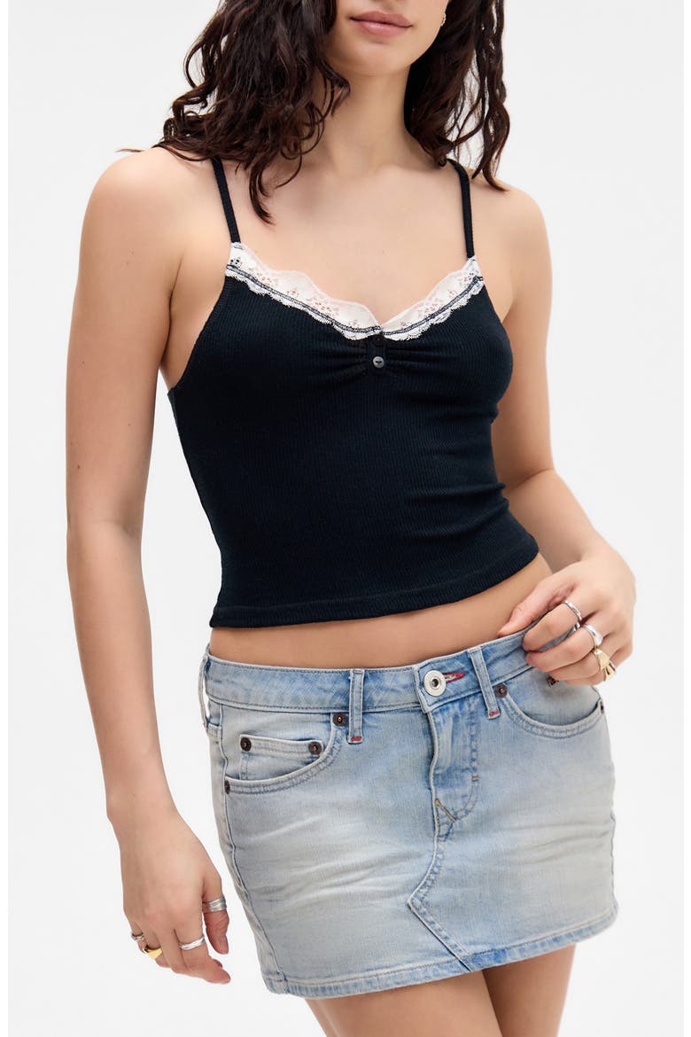 Diana Lace Trim Crop Rib Knit Camisole, Main, color, BLACK