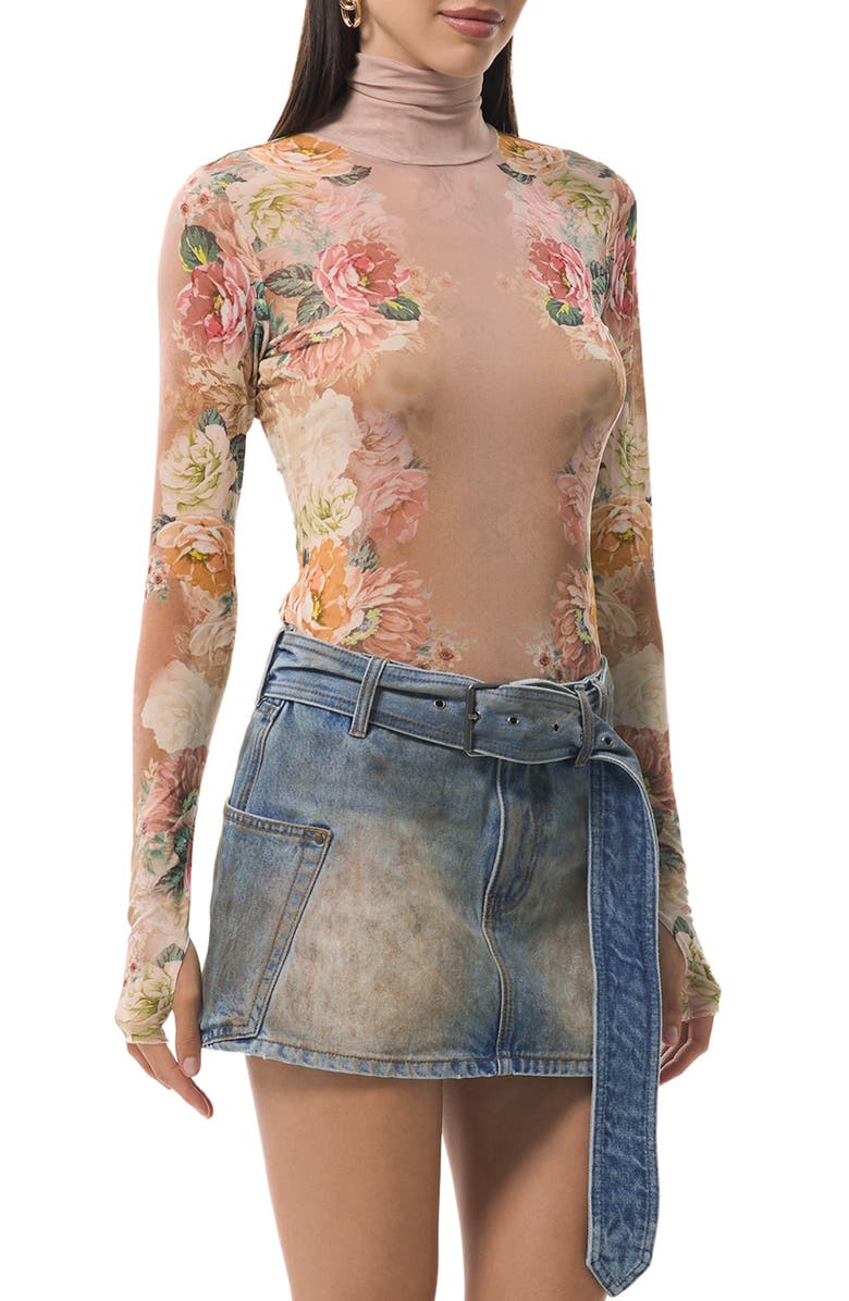 AFRM Zadie Print Turtleneck Mesh Top, Alternate, color, Honey Rose Frame