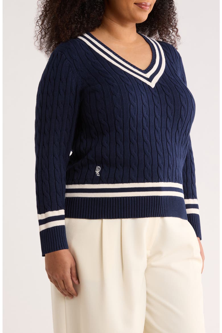 Cable Stitch Crewneck Cotton Sweater, Alternate, color, REFINED NAVY BLUE/ CREAM
