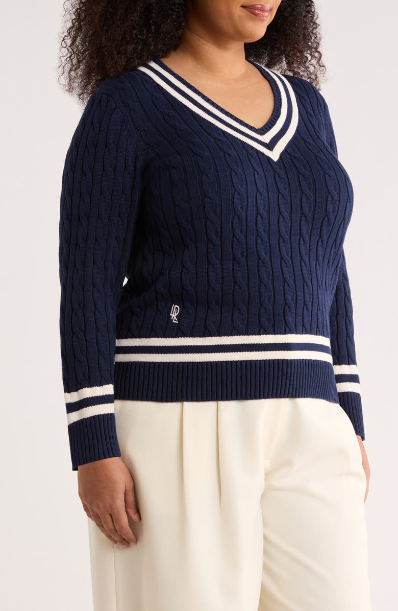 Lauren Ralph Lauren Cable Stitch Crewneck Cotton Sweater, Alternate, color, Refined Navy Blue/ Cream