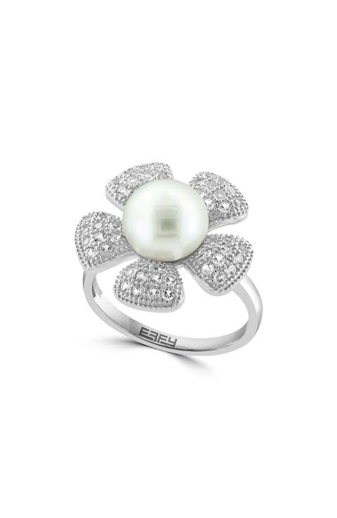 Cultured Pearl White Topaz Flower Ring
