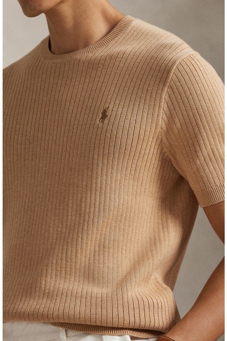 Ribbed Cotton Short Sleeve Sweater, Alternate, color, CAMEL MELANGE