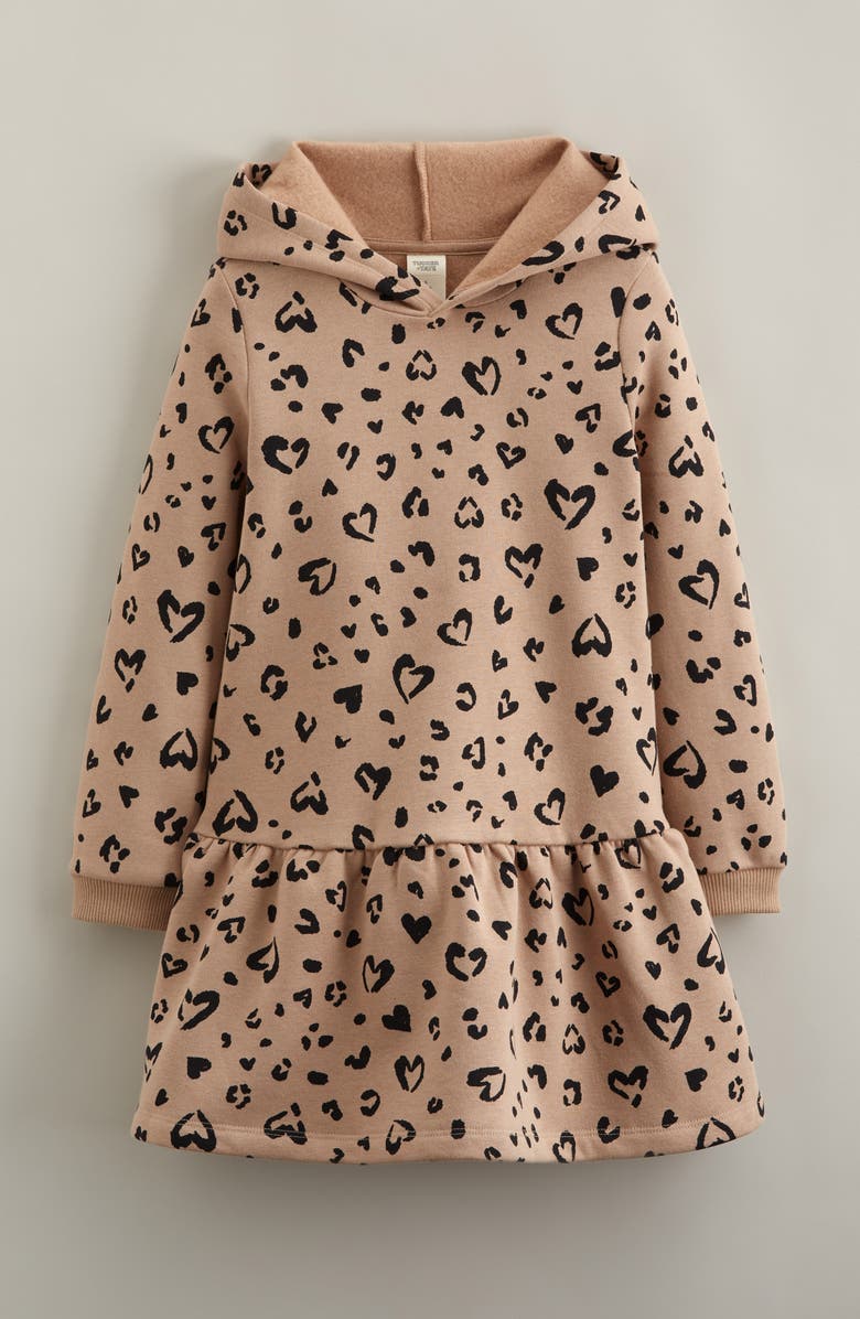Tucker + Tate Kids' Long Sleeve Hooded Fleece Sweatshirt Dress, Main, color, Tan Natural Leopard Hearts
