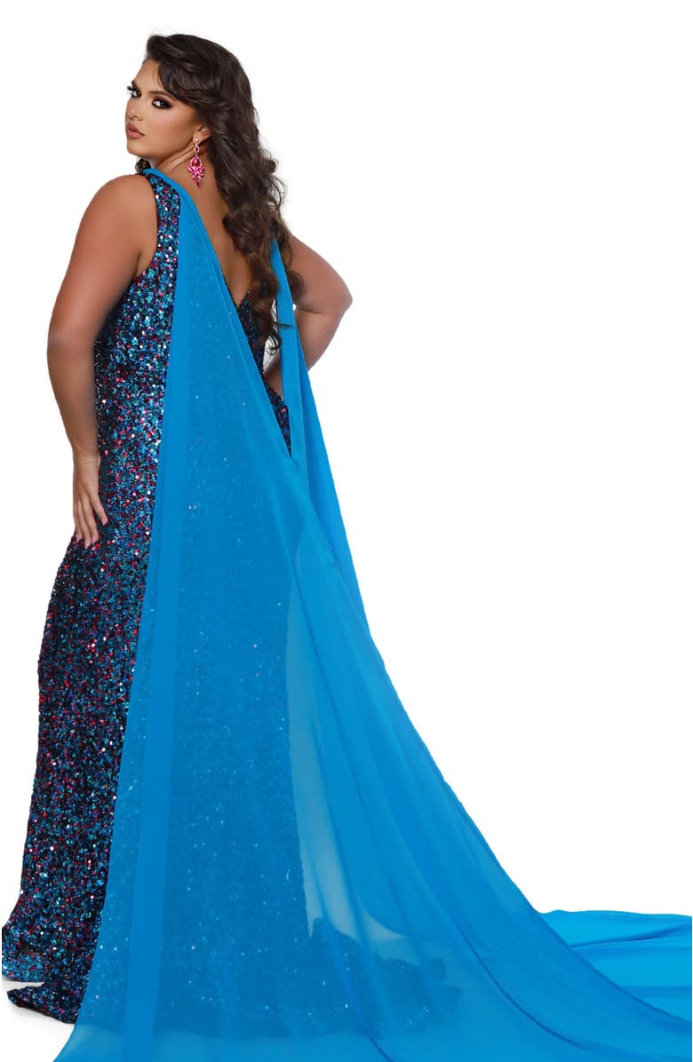 Johnathan Kayne for Sydney's Closet Long Fitted Plus Size Sequin Velvet Formal Gown, Alternate, color, Fuchsia Sky