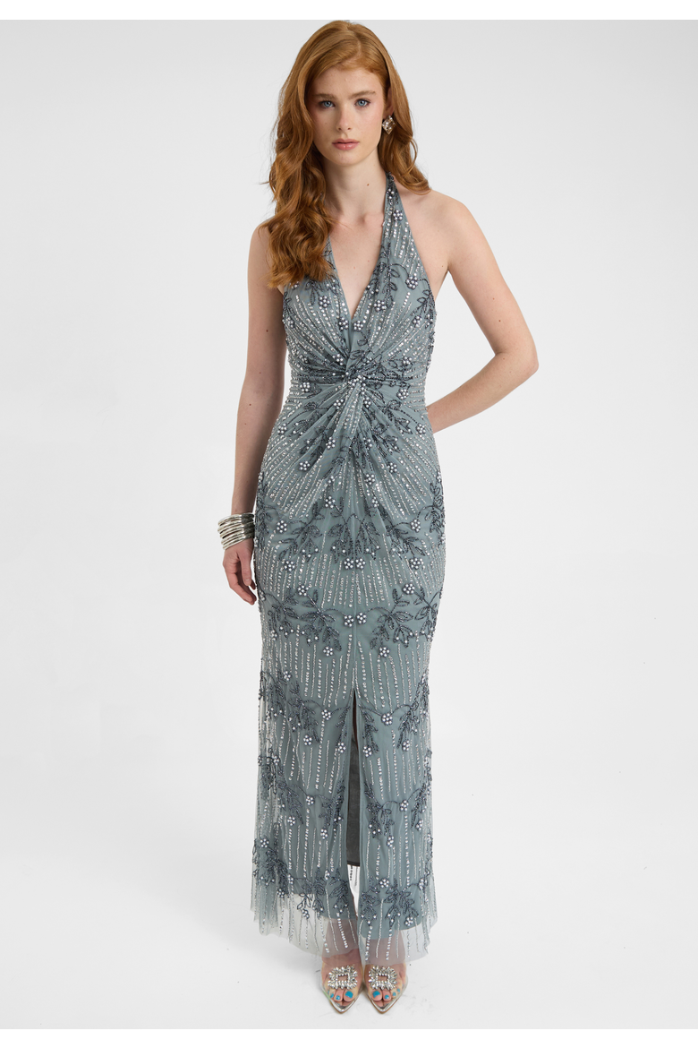 Embellished Sequin Beaded Maxi Dress With Knot Design, Alternate, color, MISTY GREY