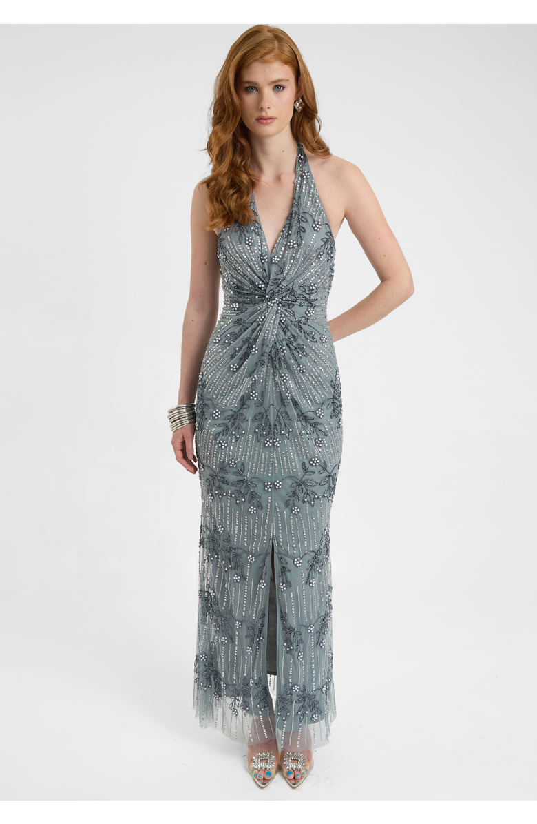 BEAUUT Embellished Sequin Beaded Maxi Dress With Knot Design, Alternate, color, Misty Grey