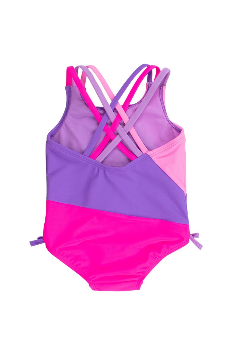 RuffleButts UPF50+ Sun Protected Color Block Cross-Back One Piece Swimsuit, Alternate, color, Neon Purple Color Block
