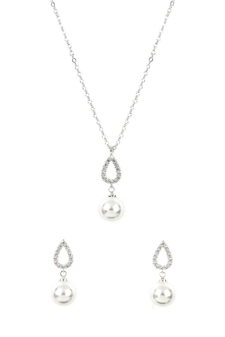 Pavè Cubic Zirconia & Faux Pearl Pendant Necklace & Earrings Set, Alternate, color, METALLIC SILVER