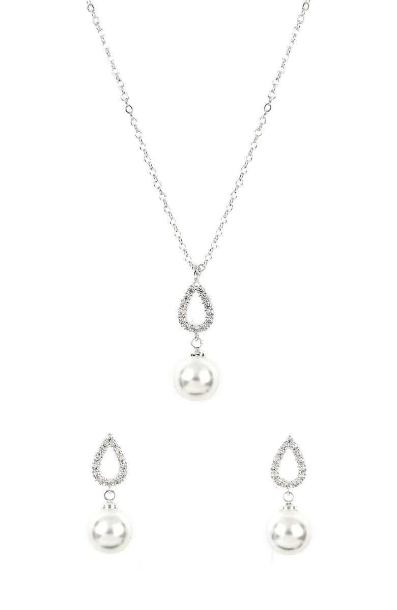 Danecraft Pavè Cubic Zirconia & Faux Pearl Pendant Necklace & Earrings Set, Alternate, color, Metallic Silver