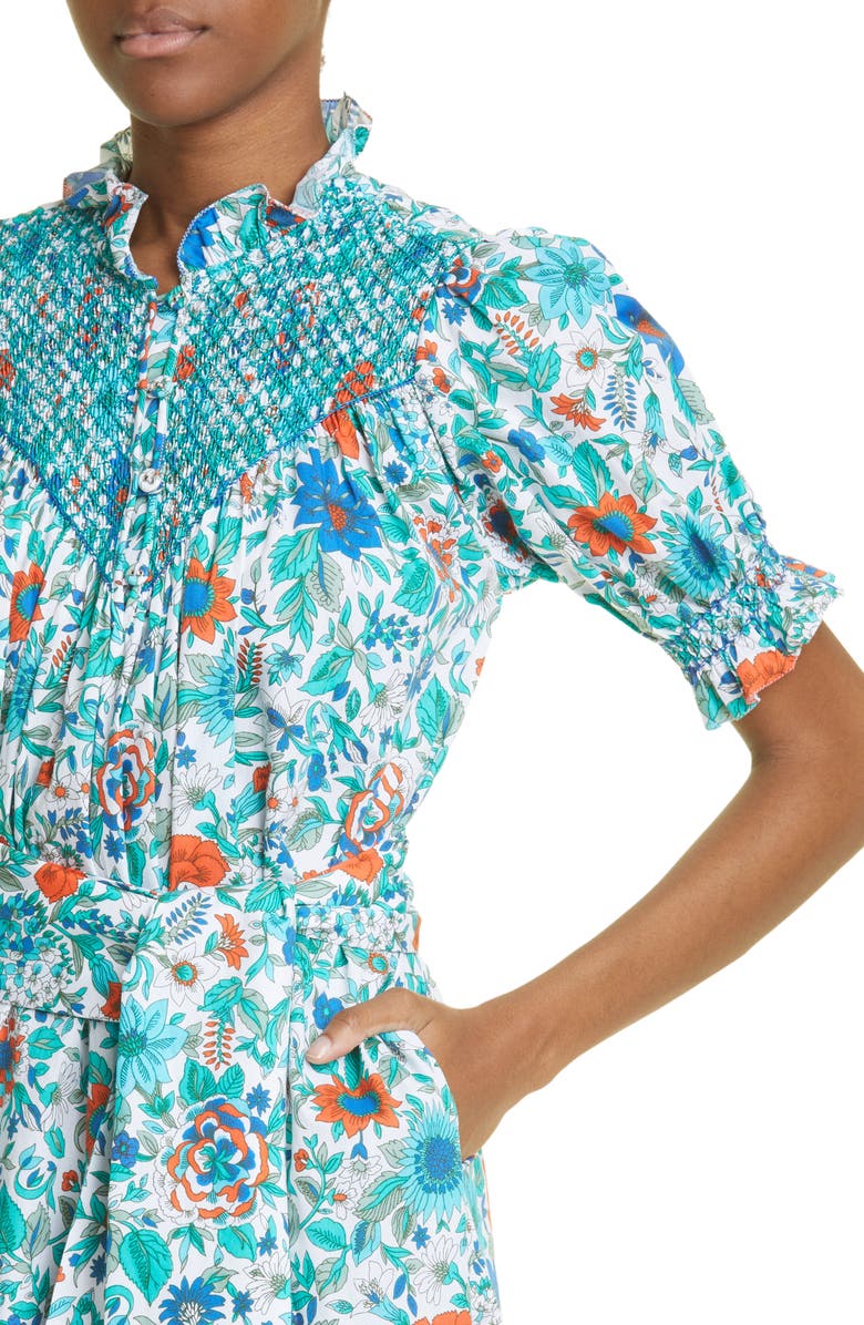 Loretta Caponi Elena Floral Puff Sleeve Smocked Maxi Dress, Alternate, color, 