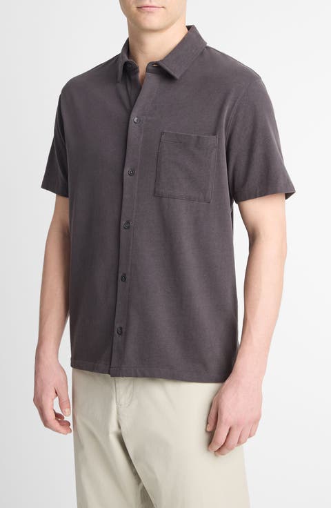 Sueded Jersey Short Sleeve Button-Up Shirt