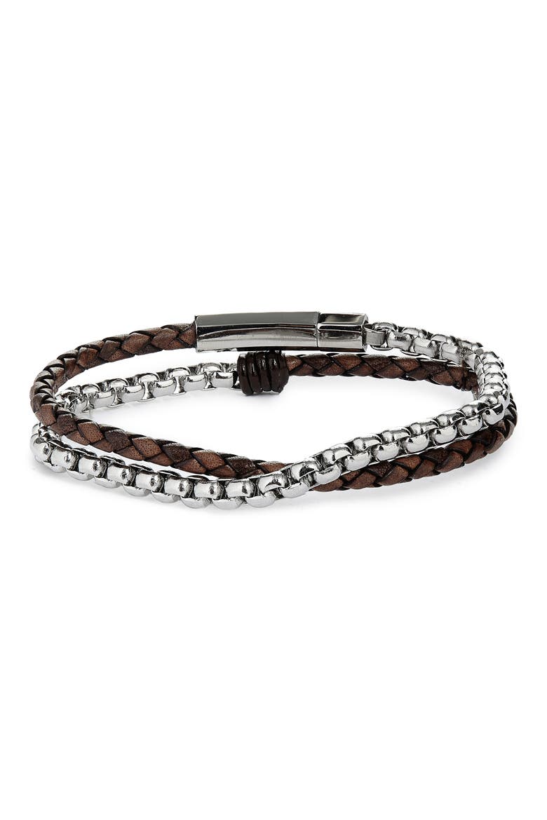 Braided Leather & Chain Double Wrap Bracelet, Main, color, BROWN