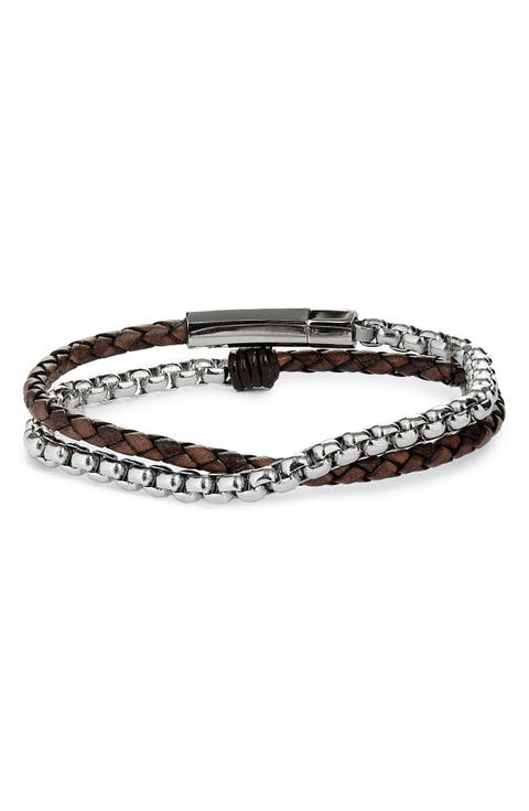 Braided Leather & Chain Double Wrap Bracelet