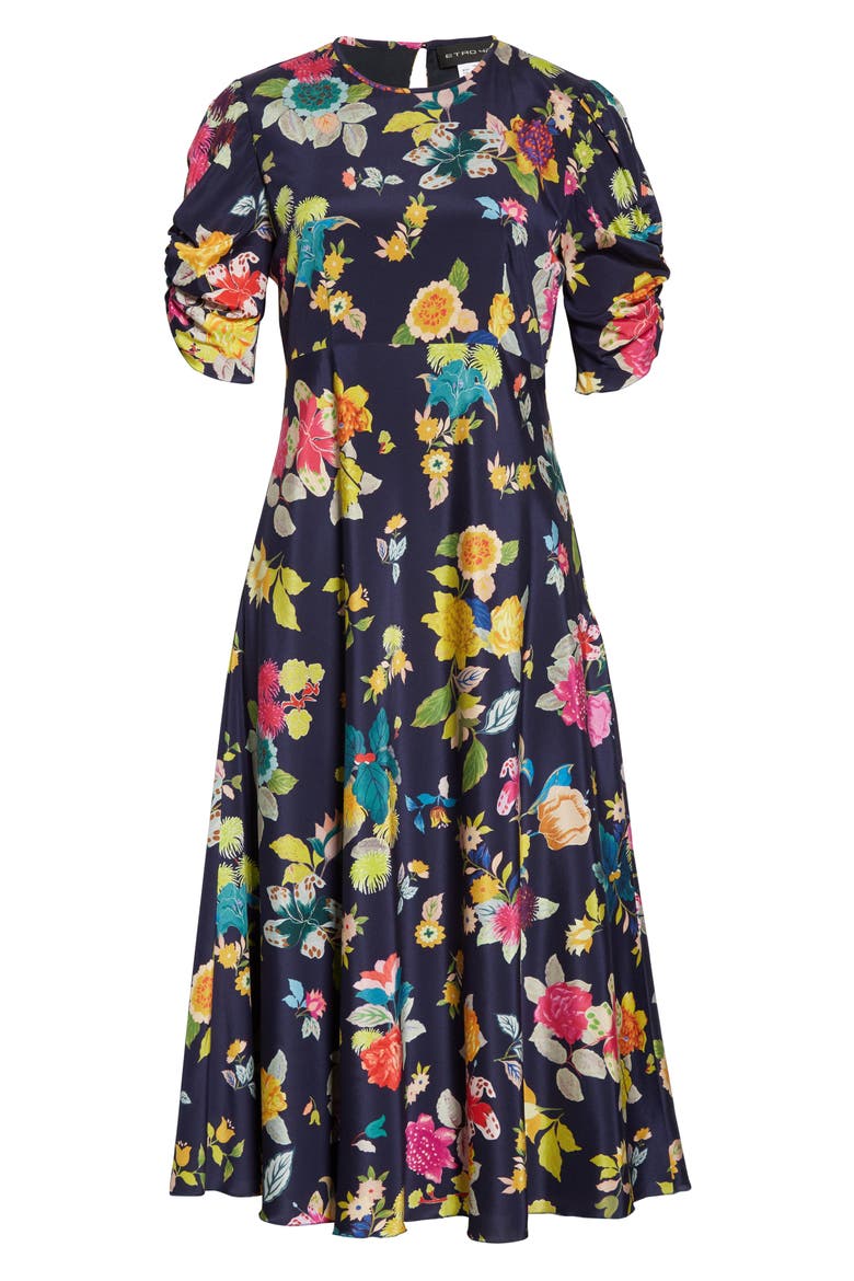 Floral Print Ruched Sleeve Midi Dress, Alternate, color, NAVY
