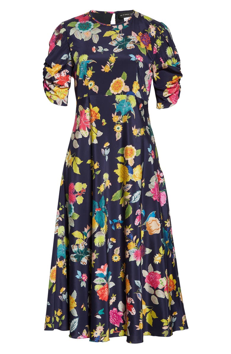 Etro Floral Print Ruched Sleeve Midi Dress, Alternate, color, 