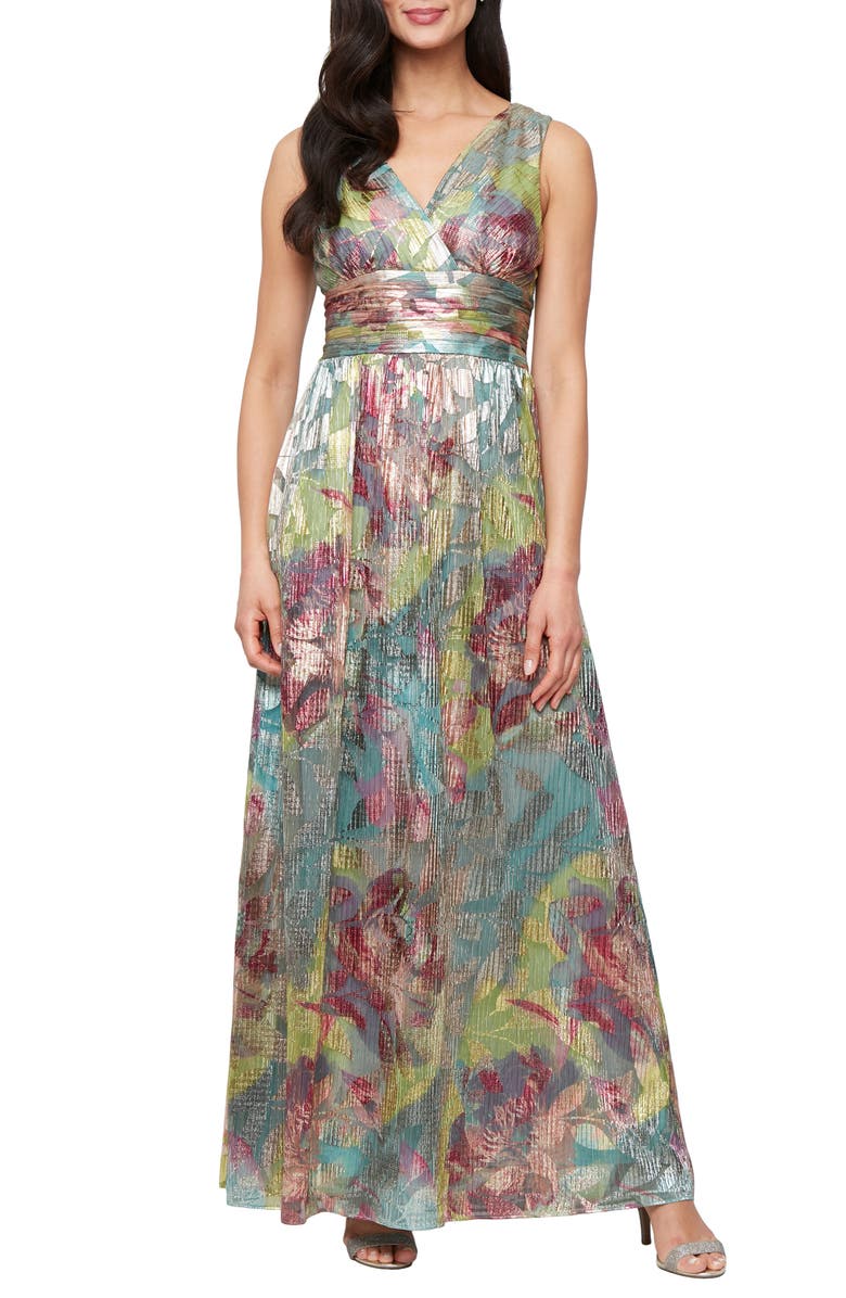 SL FASHIONS Metallic Floral Surplice Neck Gown, Main, color, 