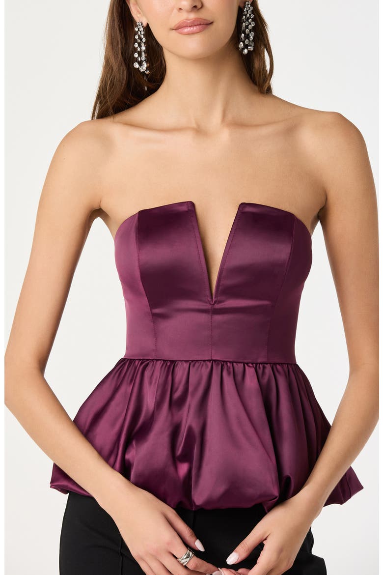 Satin Strapless Plunge Peplum Top, Alternate, color, WINE