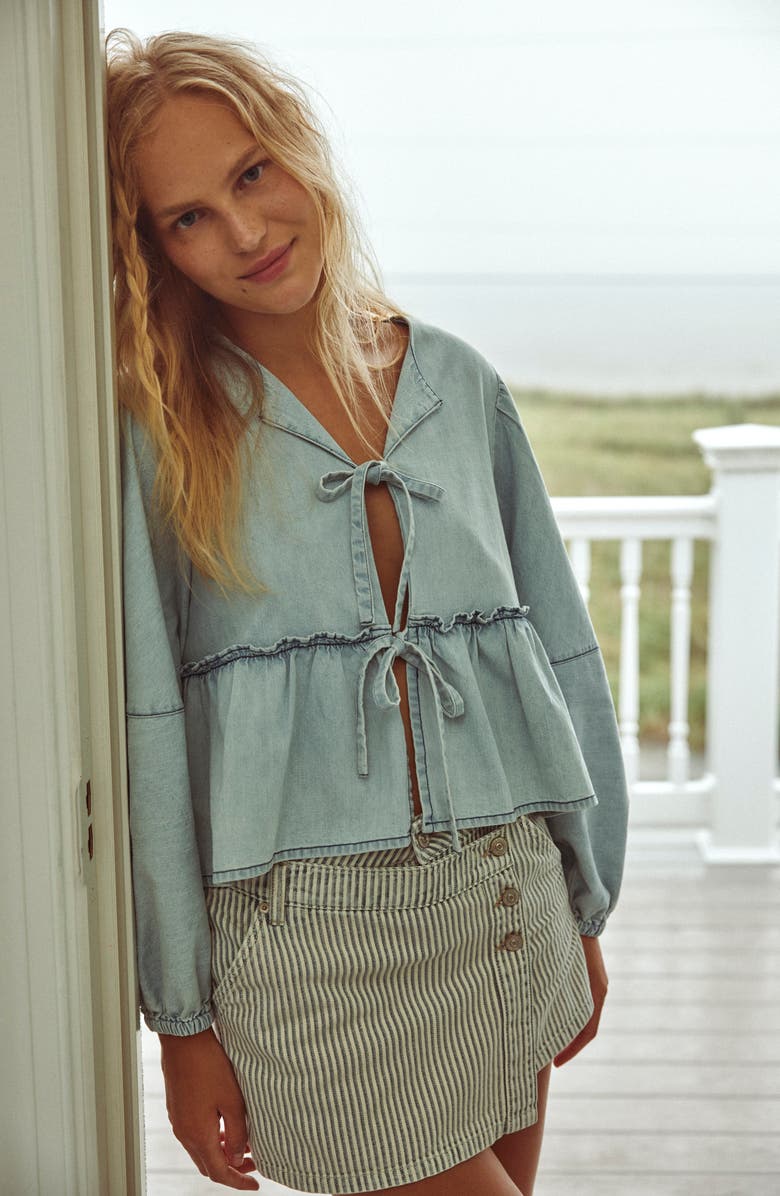 Free People Brunch Babe Chambray Top, Alternate, color, Light Tint Wash