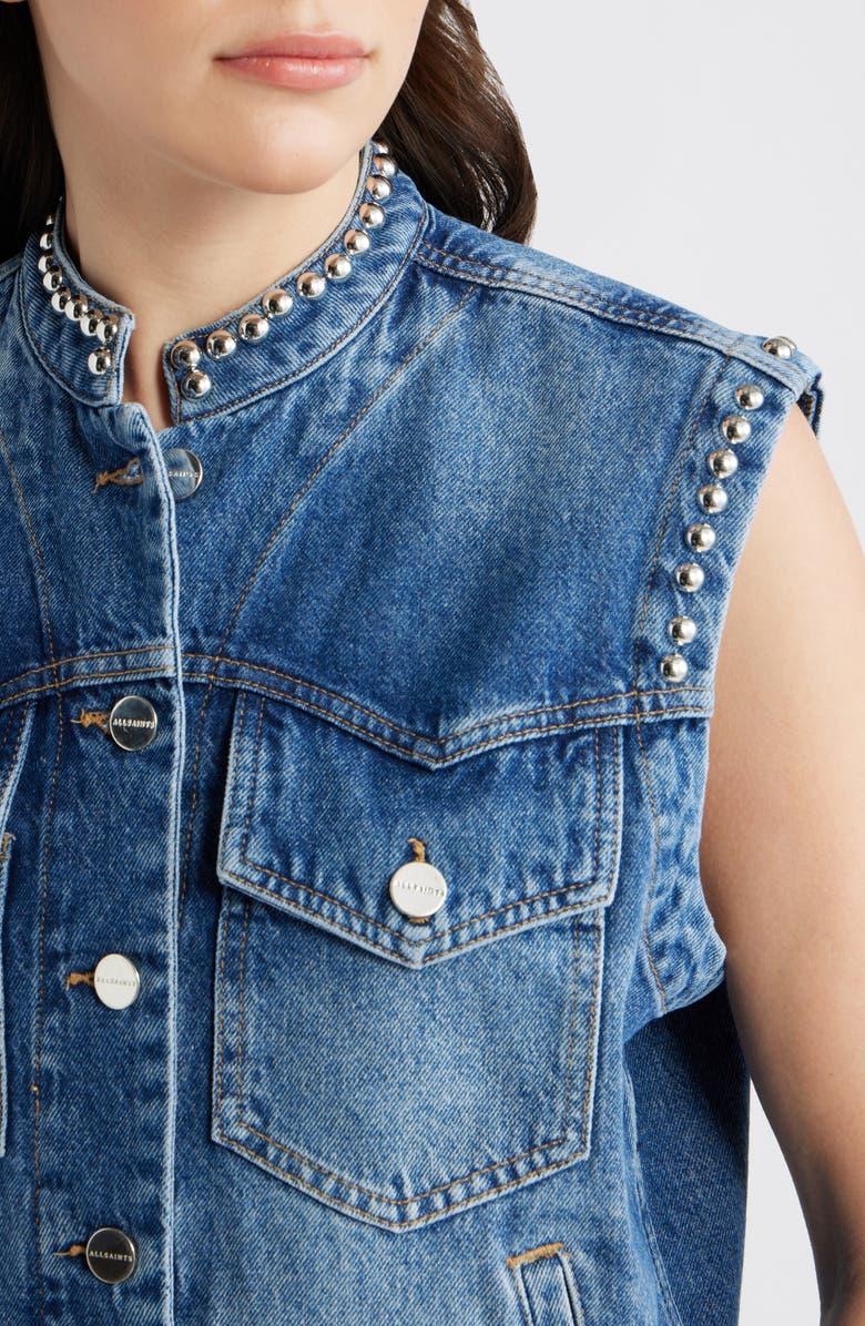 AllSaints Mav Studded Denim Vest, Alternate, color, Vintage Indigo