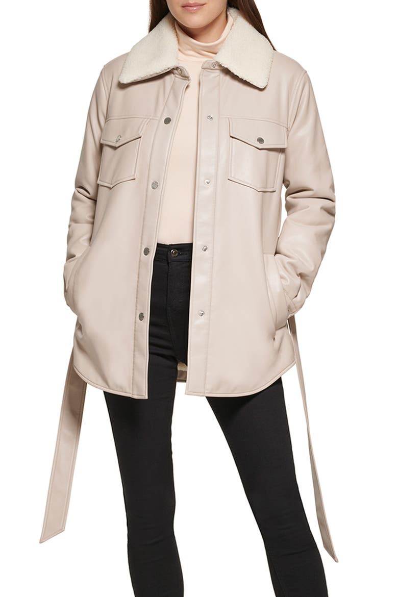 Faux Leather Tie Belt Shacket with Removable Faux Shearling Collar, Main, color, BONE
