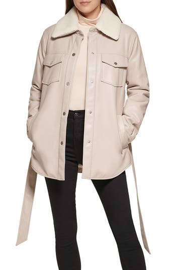 Kenneth Cole Faux Leather Tie Belt Shacket With Removable Faux Shearling Collar In Brown