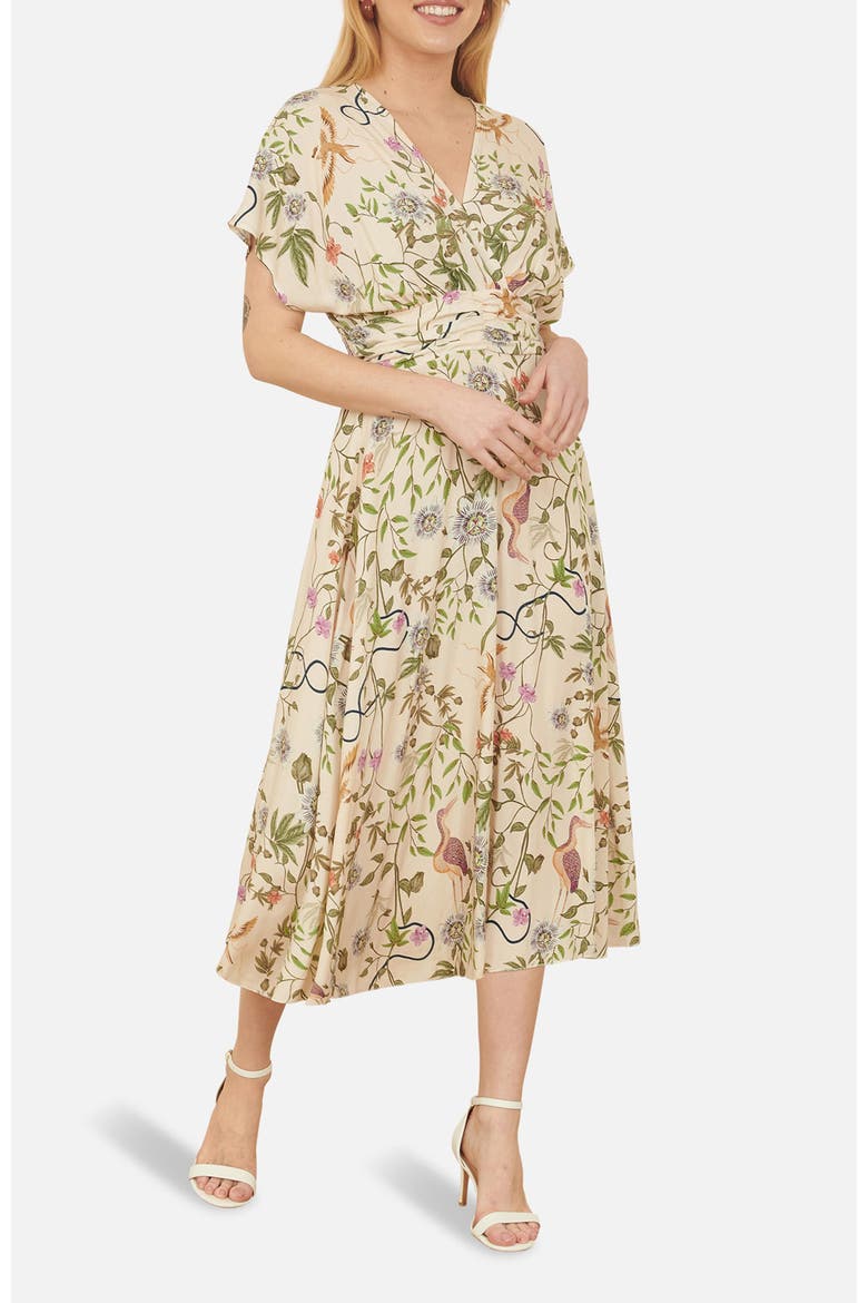 Short Sleeve V-Neck Ruched Midi Dress, Alternate, color, White