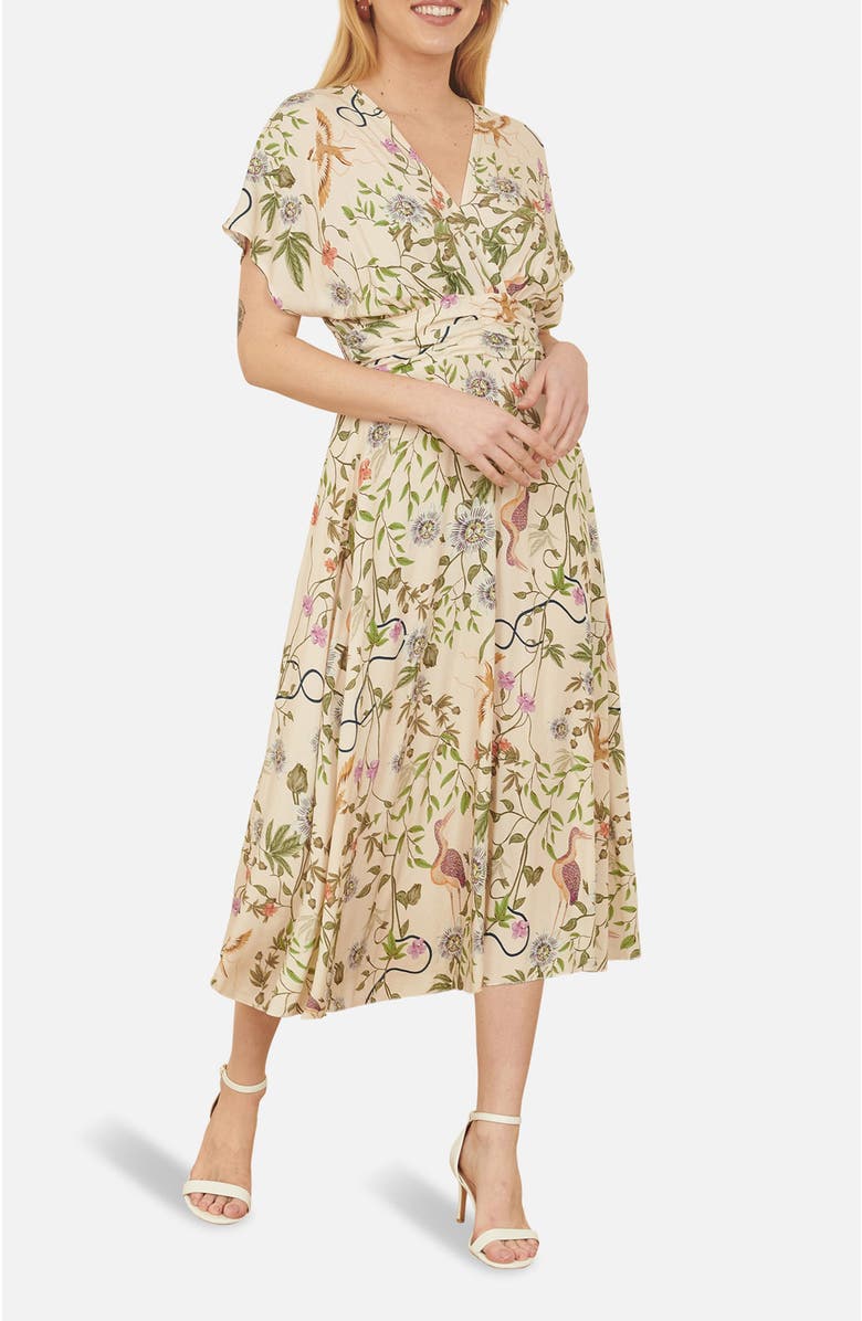 Yumi Short Sleeve V-Neck Ruched Midi Dress, Alternate, color, White