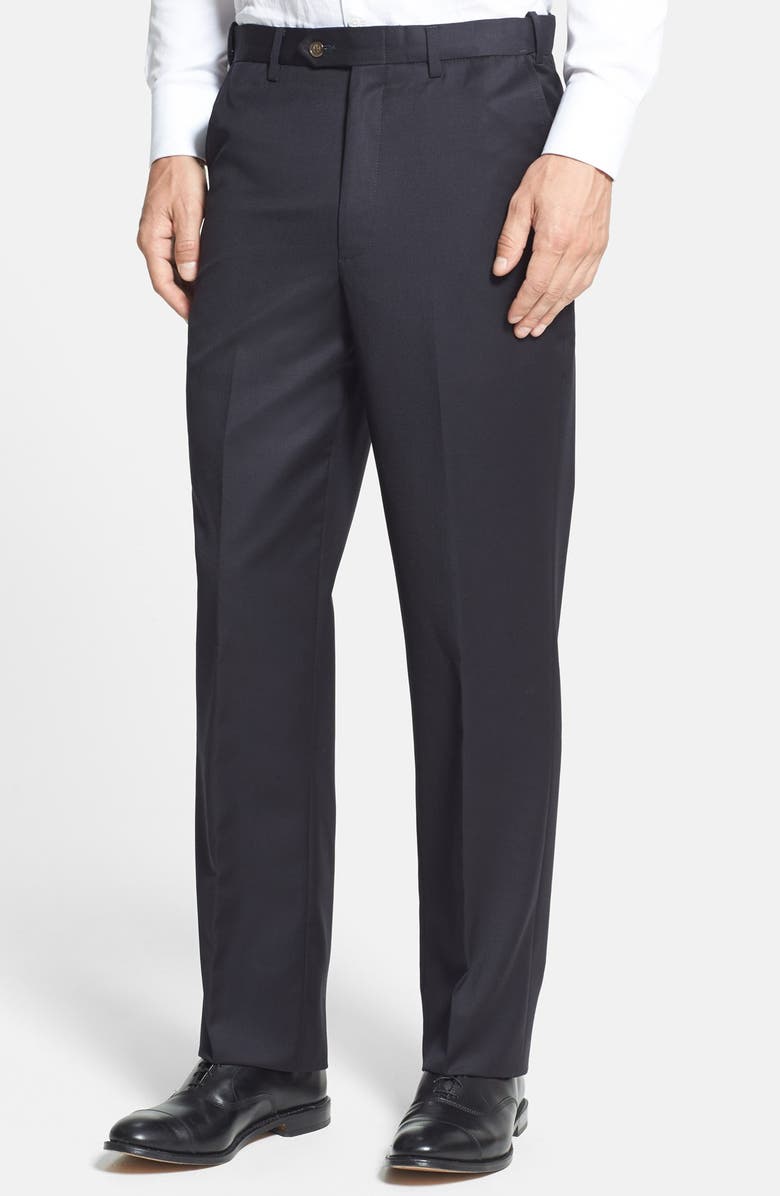 Berle Self Sizer Waist Flat Front Classic Fit Wool Gabardine Trousers, Main, color, Black