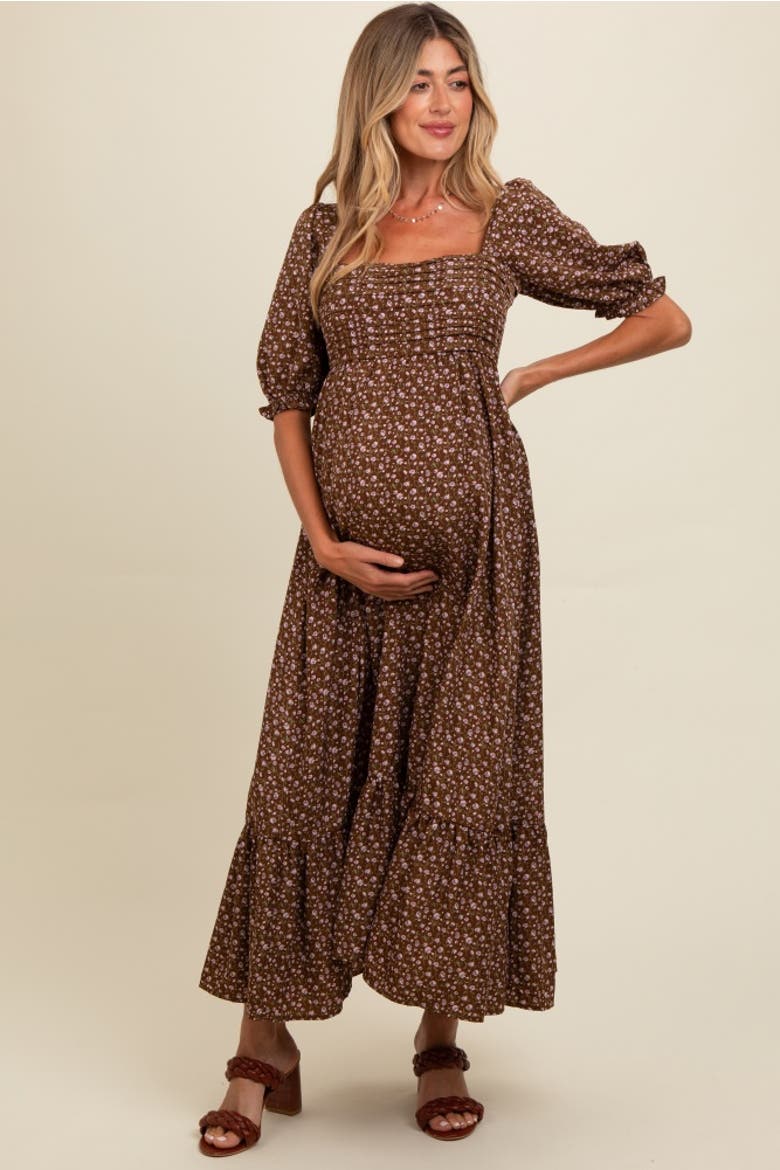 Floral Pleated Bodice Maxi Dress, Main, color, Mocha
