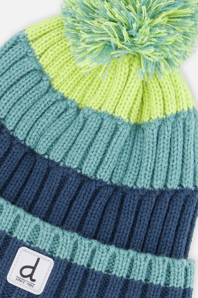 Colorblock Jacquard Fleece-Lined Knit Hat with Pompom, Alternate, color, Dark Turquoise